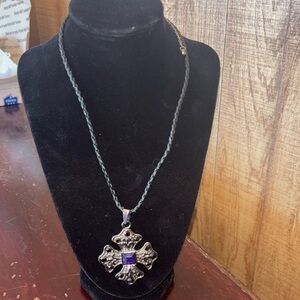 Vintage Silver Tone Jeweled Religious Byzantine Design Cross Pendant Necklace